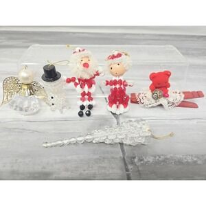 Vintage Safety Pin Ornaments Beaded Handmade Christmas Santa  Mrs Claus 1960's